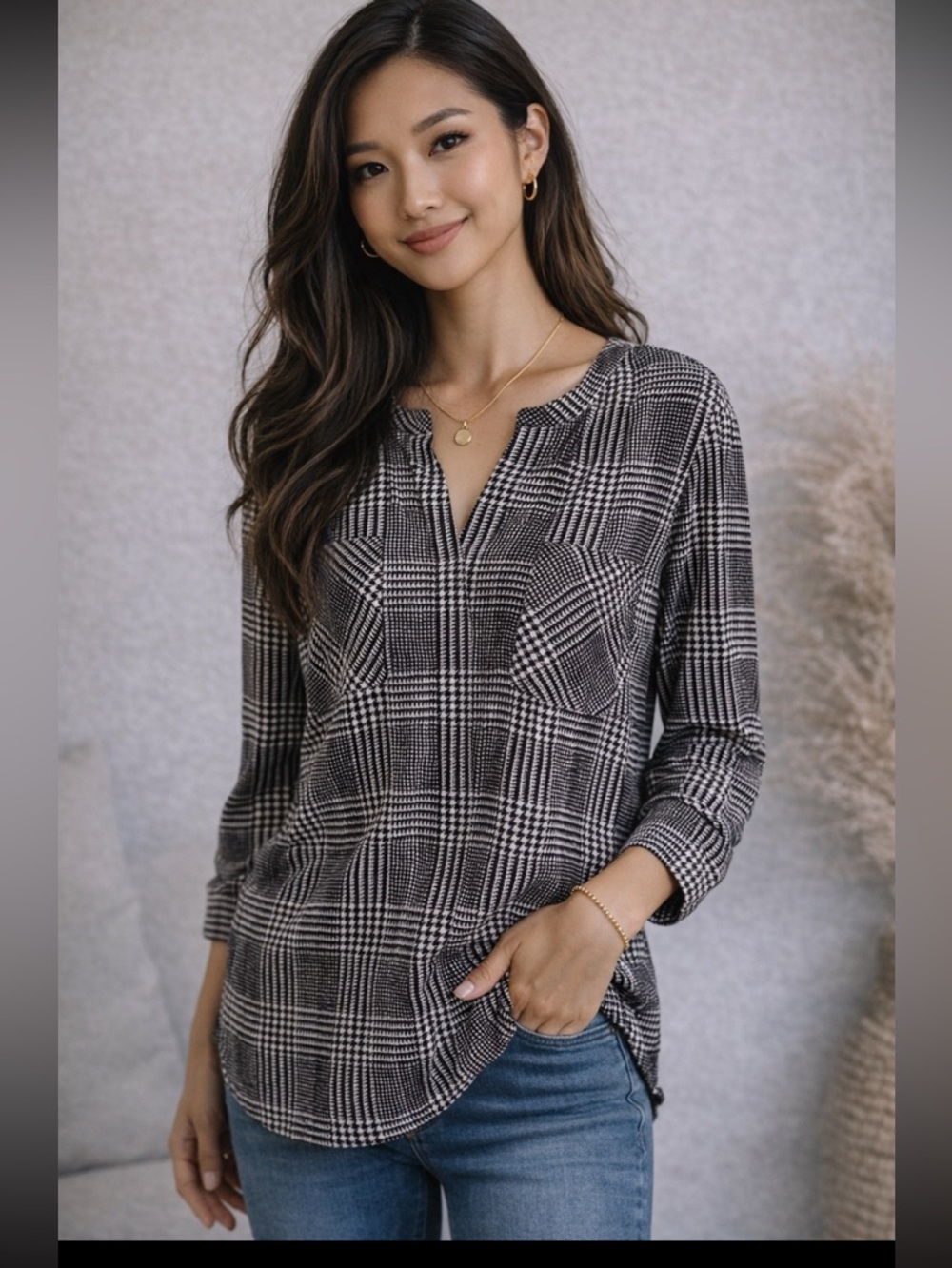 Apt 9 Black White Plaid Blouse Long Sleeve Split Neck Flowy Top NWT